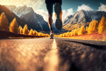 Close-up at the runner feet is start running on asphalt road with beautiful mountain background on autumn season. Sport action and human challenge concept. Generative Ai image.