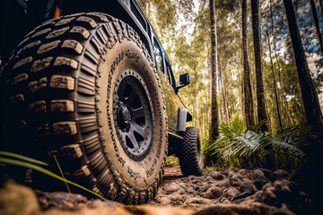 A big wheel of the 4x4 off-road car driving on terrain route in the jungle. Generative Ai image.