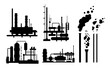 © Oceloti - Set of industrial factory buildings silhouettes isolated, manufacturing with metallic constructions, smoking pipes, environmental pollution