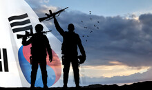 Silhouette Of Soldier On Background Of Sky And South Korea Flag. Armed Forces Of Korea. Background For Memorial Day, Liberation Day. EPS10 Vector