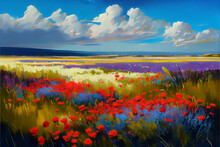 Field Of Poppies And Sky, Digital Painting Art. Generative Ai.