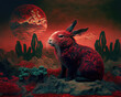 Rabbit with red moon. Generative AI.