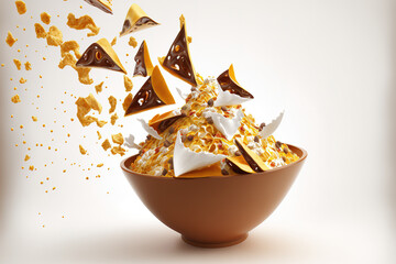 Wall Mural - On a white background, tasty nachos are falling into a bowl. Generative AI