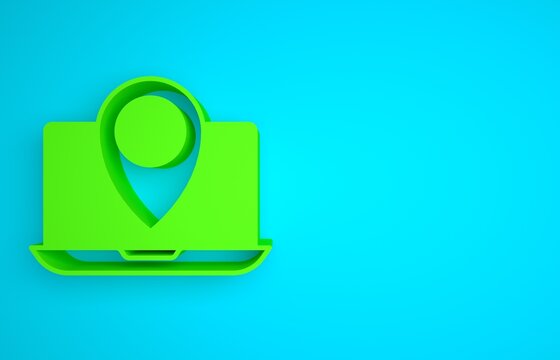 Green Laptop with location marker icon isolated on blue background. Minimalism concept. 3D render illustration