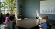 People communicate in metaverse. Employees meet and talk in a virtual office meeting room on a sunny day. VR work space with 3d furniture. Avatars having a business in 3d rendering office.