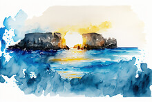 Watercolor Sea Landscape Painting. Sunset, Waves, Rocks. Ai Generated