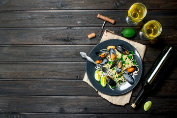 Sticker - Mediterranean food. Seafood spaghetti with clams and white wine.