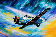 An Expressive Oil Painting Of A Vintage Airplane Illustration