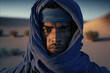 photography portrait of berber person dressed in blue in the desert at dawn. Ai generated art
