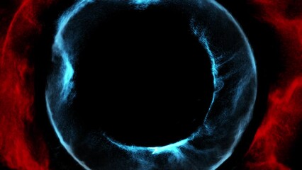 Poster - red and blue particles flow and swirl in a mesmerizing ring formation with empty copy space in cente