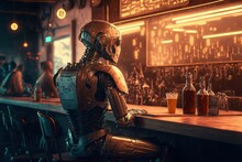 A futuristic artificial intelligence robot sitting in a cozy cyberpunk bar, generative ai