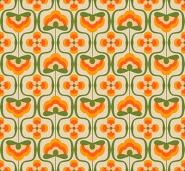 70's retro seamless vector pattern. Geometric floral vintage background. Abstract seventies texture