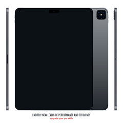 Poster - new frameless tablet grey color with black touch screen saver front, back and side view isolated on white background. mockup of realistic and detailed device with shadow. vector illustration