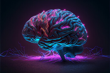 Wall Mural - Neon brain on a black background. Created with generative Ai technology.