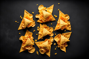 Wall Mural - As a snack, tortilla or nacho chips. Mexican Corn Chip Nachos, top view, copy space, on a black background. Generative AI