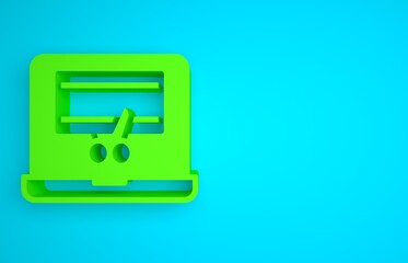 Poster - Green Video recorder or editor software on laptop icon isolated on blue background. Video editing on a laptop. Minimalism concept. 3D render illustration