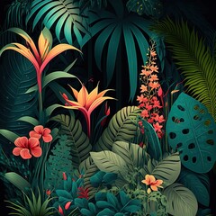 Jungle leaves and flowers tropical background