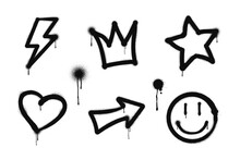 Graffiti Drawing Symbols Set. Painted Graffiti Spray Pattern Of Lightning, Arrow, Crown, Star, Heart And Smile. Spray Paint Elements. Street Art Style Illustration. Vector.