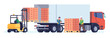 © VectorBum - Forklift loads pallets into truck. Warehouse equipment for lifting cardboard boxes. Freight transportation. Shipping logistics. Storehouse worker loading cargo in lorry. Vector concept