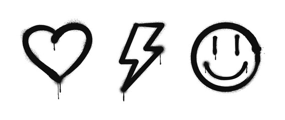 Graffiti drawing symbols set. Painted graffiti spray pattern of lightning, heart and smile. Spray paint elements. Street art style illustration. Vector