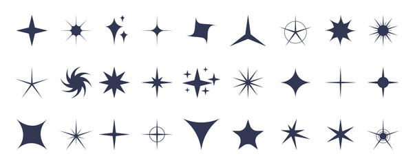 Poster - Retro star icons set. Different shapes of twinkle stars and starburst. Trendy graphic elements for retro design. Vector.