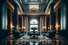 A Large Luxury Hotel Lobby With Pillars And Furniture, Generative AI
