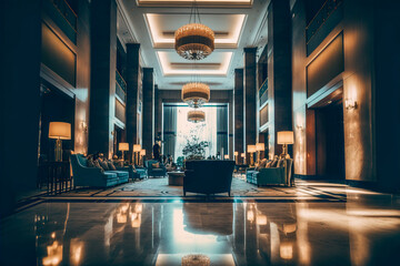 A luxury hotel lobby with furniture, and a large window, Generative AI