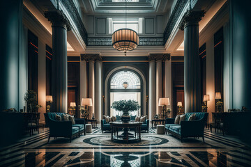 Wall Mural - A large luxury hotel lobby with pillars and furniture, Generative AI