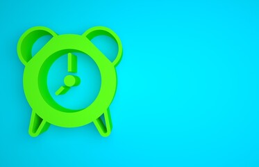 Poster - Green Alarm clock icon isolated on blue background. Wake up, get up concept. Time sign. Minimalism concept. 3D render illustration