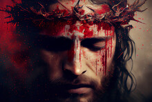 Face Of Jesus Crist In Crown Of Thorns, Christian Easter Concept, AI Illustration