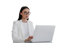 Elegant Brunette Young Businesswoman Remote Working Home, In White Suit, Using Laptop Against Transparent Background. Attractive Student Girl Having Distant Lesson. Mockup, Business And Technologies.