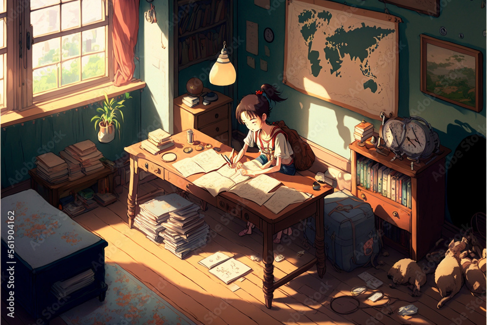 Anime cute girl studying in her room, chill, cozy vibes