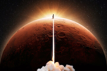 Fototapete - Successful space shuttle rocket launch with smoke and light blast flies to the red planet mars at sunset. New spaceship takes off up to the red planet in starry sky. Science and technology, concept