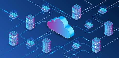 Fototapete - Cloud technology isometric background. Computer technology, server room, and equipment for internet networks. Data cloud storage technology. Database and data center vector illustration.