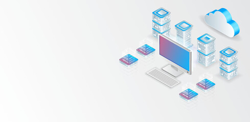 Fototapete - Computer technology, server room, and equipment for internet networks. Data cloud storage technology. Database and data center vector illustration. Cloud technology isometric background.