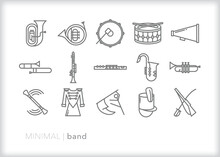 Set Of Band Line Icons Of Musical Instruments, Color Guard Flags And Rifles, And Other Items For A High School Or College Marching Band