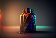 Three Bottles Full Of Colorful Paints. Generative Ai Illustration