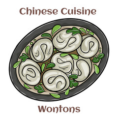 Wall Mural - Wontons. It is typically boiled in a light broth or soup and made with a meatier filling. Chinese food. Vector image isolated.