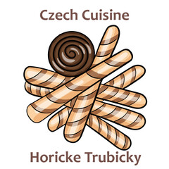 Horicke trubicky. These are made up of two twisted thin wafers filled with a creamy filling with various different flavors. Czech food. Vector image isolated.