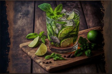  a glass of mojito with mint and lime on a wooden board with a knife and a lime slice on the side of the glass and a wooden board with a wooden edge with a.