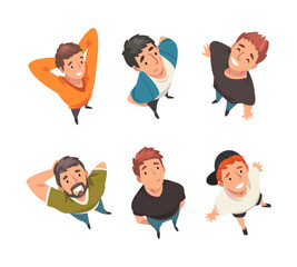 Sticker - Top view of cheerful people set. View from above of male characters cartoon vector illustration