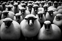  A Herd Of Sheep Standing Next To Each Other In A Field Of Grass And Dirt, With One Sheep Looking At The Camera With A Black Background Of The Sheep With A White Face And.