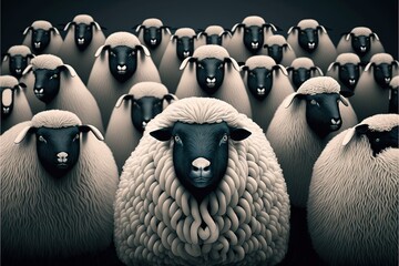 Poster -  a group of sheep standing next to each other in a field of sheep with black faces and white hair on their heads, all looking different directions, with a black background, with a.