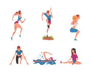 Sticker - Professional athletes doing sports set. Male and female characters lifting barbell, running, swimming, , cartoon vector illustration