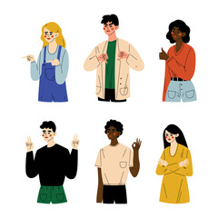 Wall Mural - Gesturing young people get. Guys and girls doing different hands gestures cartoon vector illustration