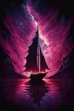 Sailboat Surrounded By Pink Nebular Mist, Galaxies, Stars And Clouds, Purple Magenta Pink. Generative AI.