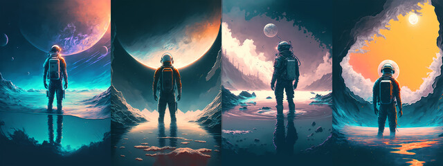 Wall Mural - Astronaut standing in a blue sea, looking in the sky at a planet, art digital illustration generative ai