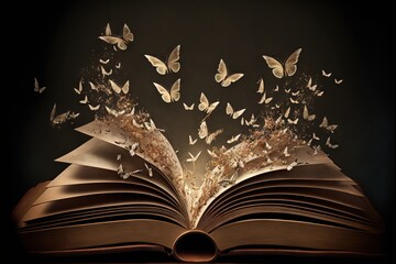 Wall Mural - a book with butterflies flying out of it on a table top with a black background and a black backgrou