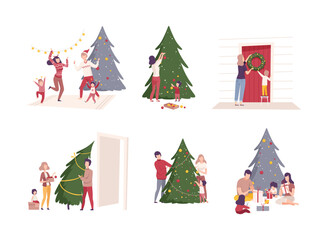 Wall Mural - Happy families decorating Christmas tree together. Xmas and New Year winter holidays cartoon vector illustration