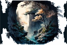  A Painting Of A River In A Cave With Trees And Rocks On The Sides Of It And A Cliff In The Middle Of The Picture With A Waterfall And A Tree On The Right Side.